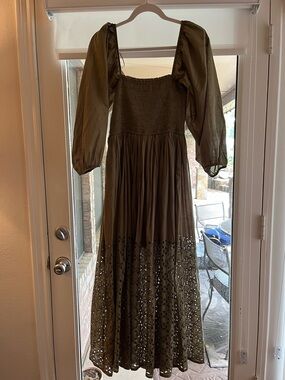 Olive Green Puff-Sleeve Maxi Dress